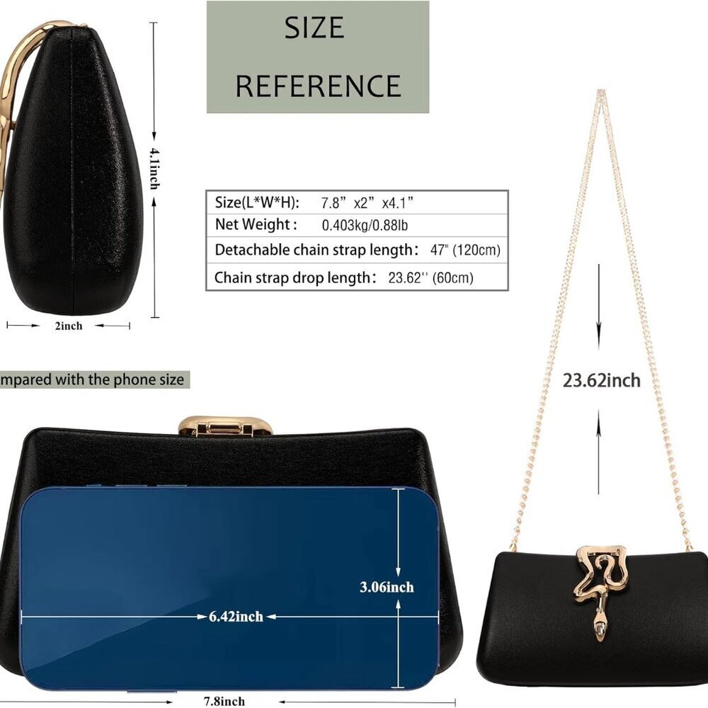 Women's Synthetic Leather Clutch Bag with Snake Clasp 7.8x4.1x2in - Picture 4 of 8